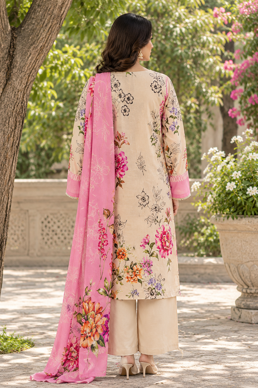 Beige unstitched 3 Pcs Viscose suit for women with pink floral dupatta
