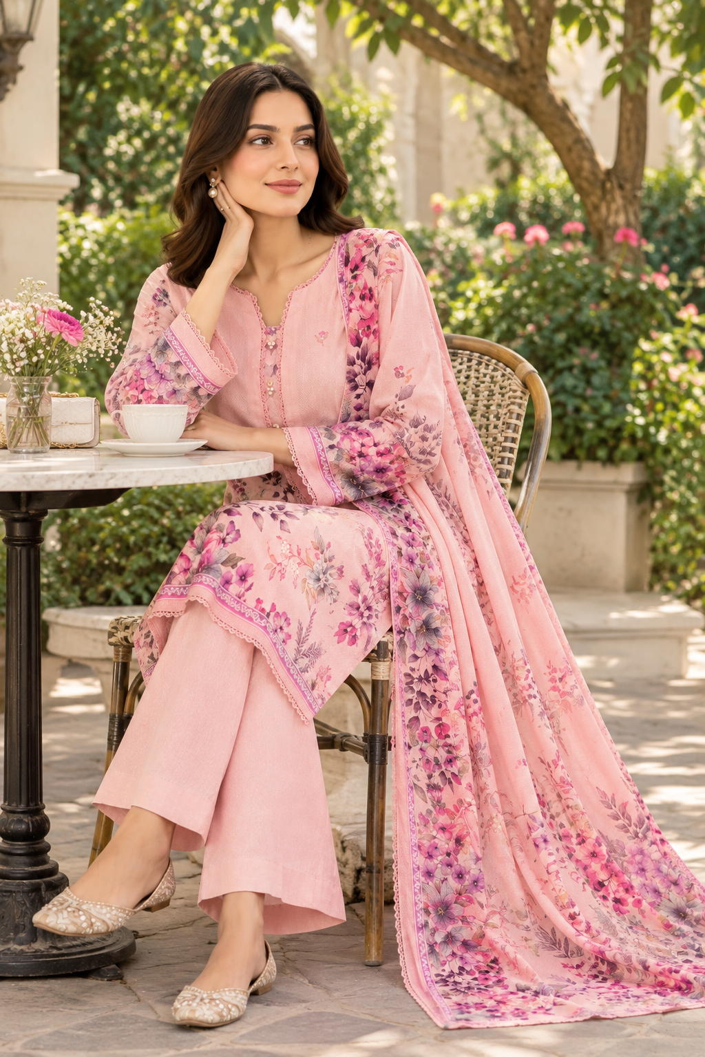 Blush pink unstitched 3 Pcs Viscose suit for women with floral dupatta
