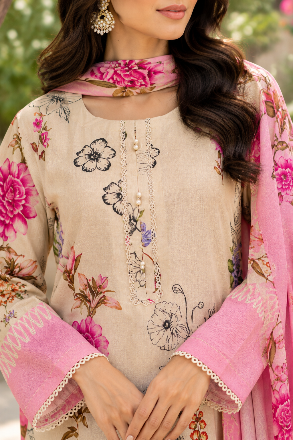 Beige sketch and pink floral print on unstitched viscose suit for women
