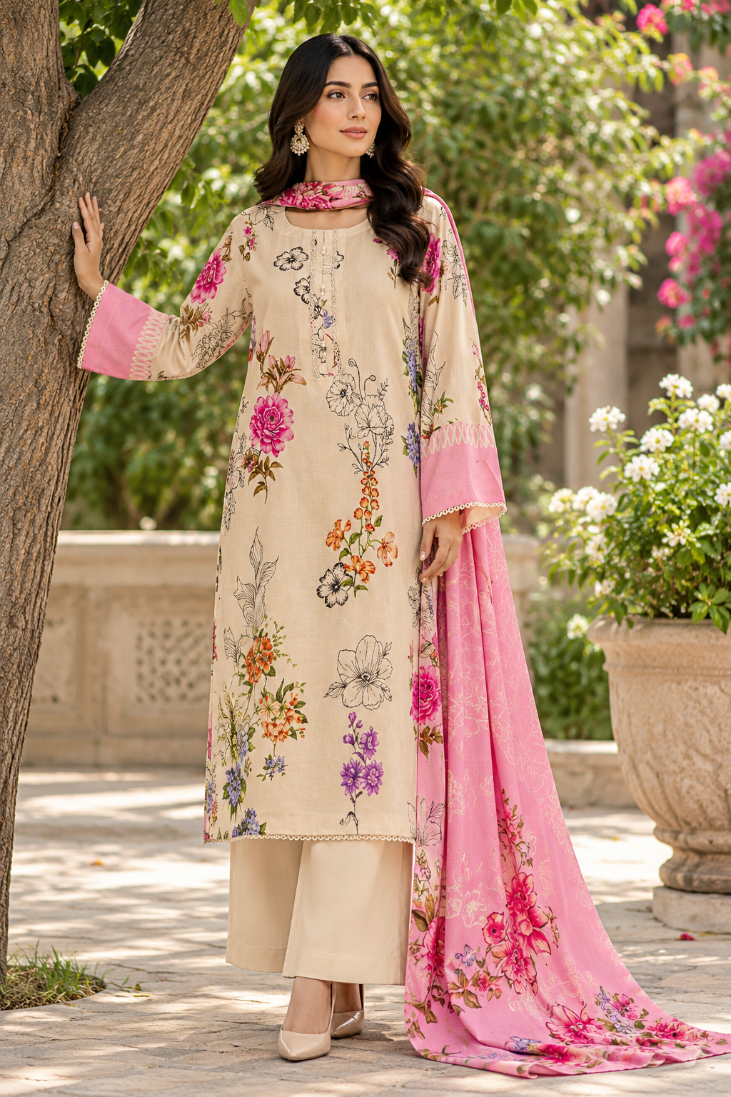 3 Pcs Unstitched Printed Dobby Viscose Suit in beige for women