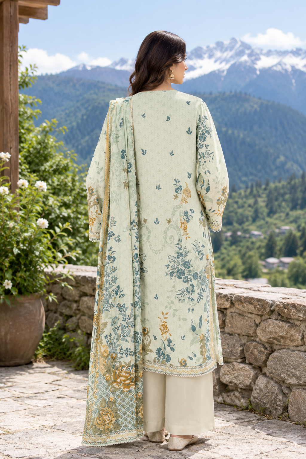 Pale seafoam green blue and ochre botanical print on unstitched viscose suit for women