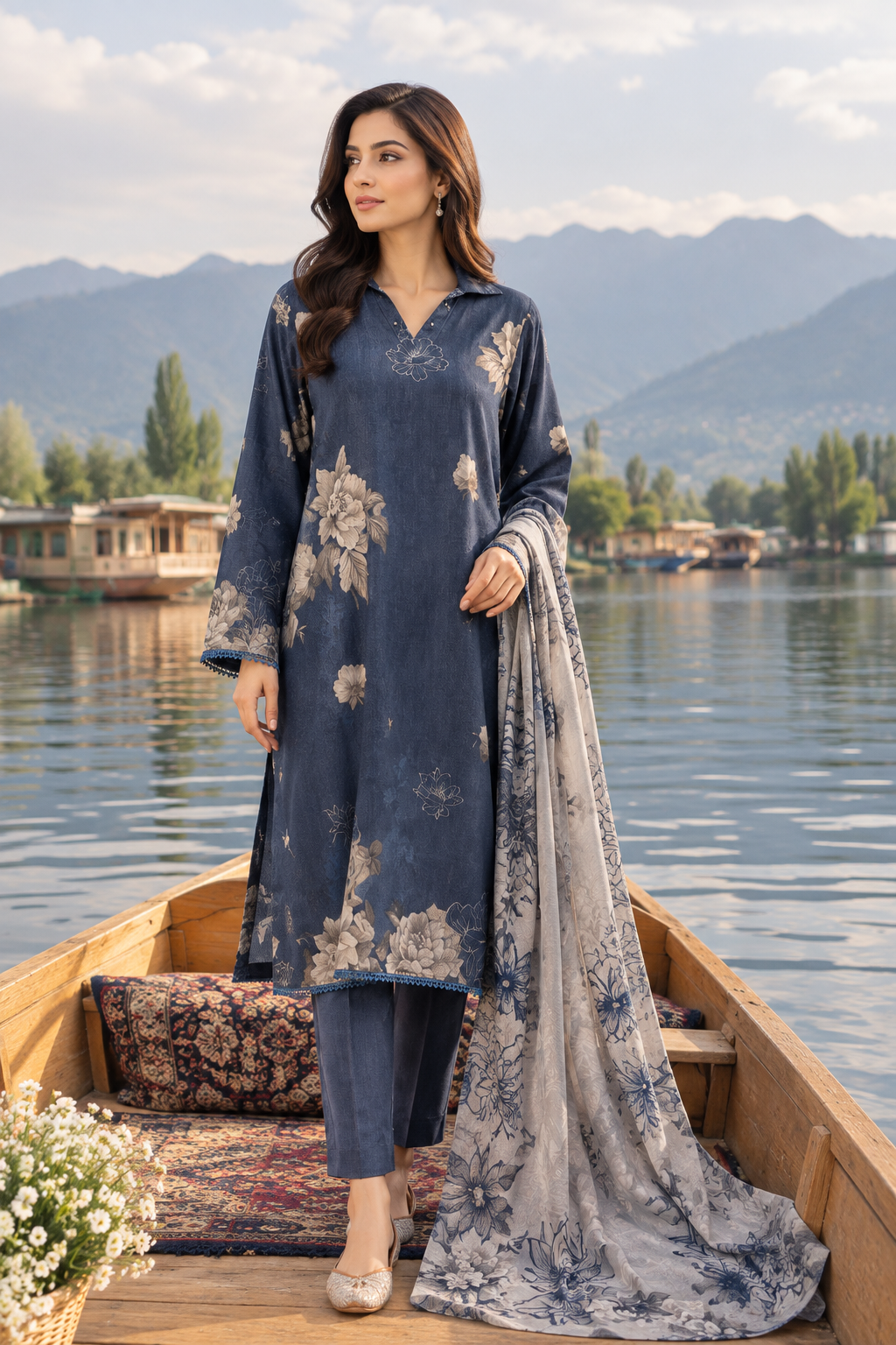 3 Pcs Unstitched Printed Dobby Viscose Suit in midnight blue for women