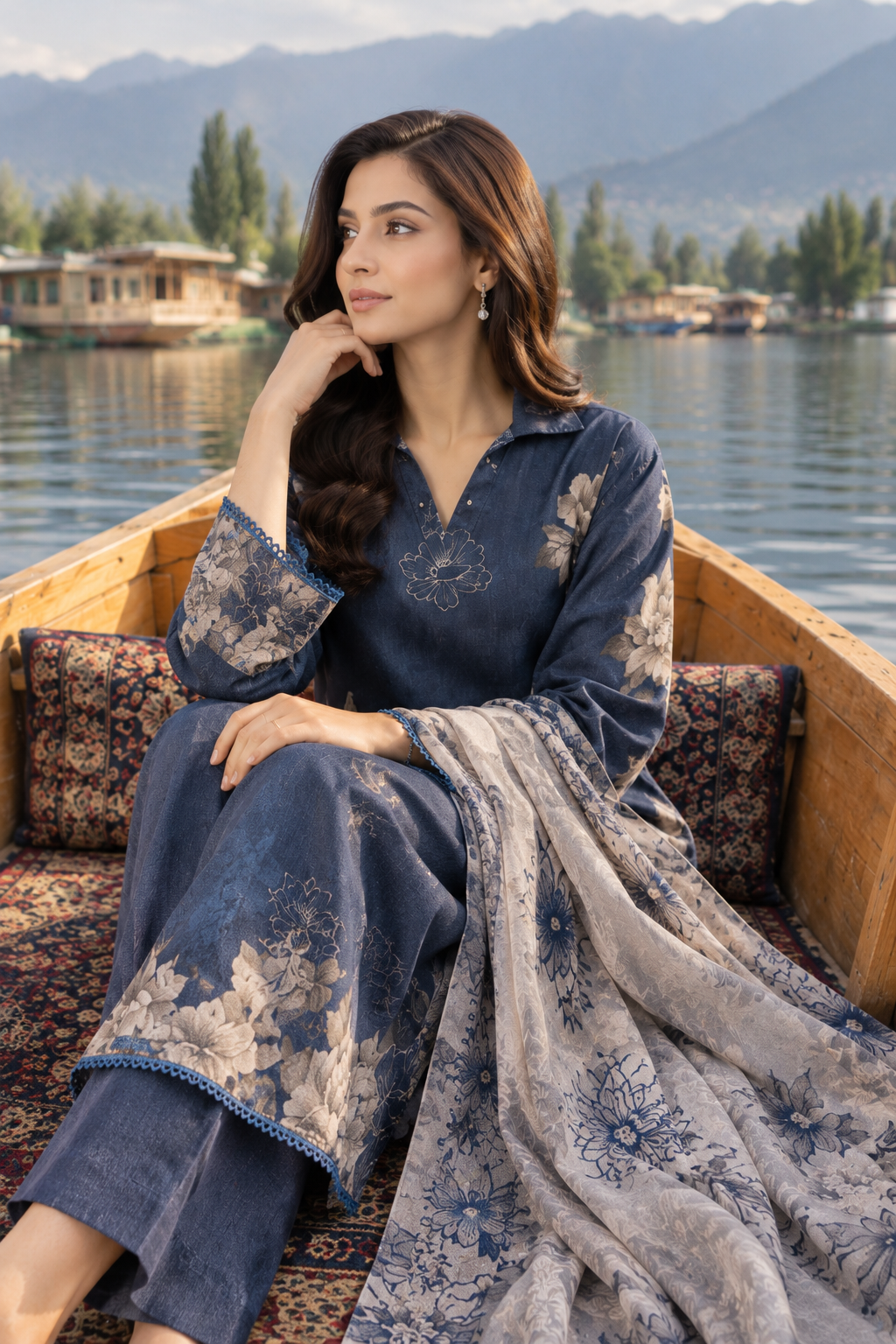 Midnight blue unstitched 3 Pcs Viscose suit for women with printed dupatta