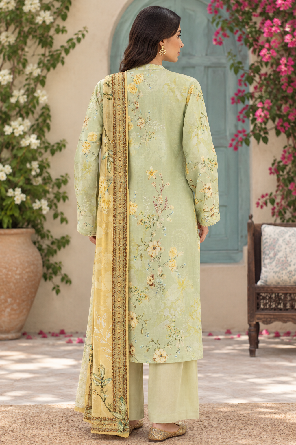 Sage green botanical floral print on unstitched viscose suit for women