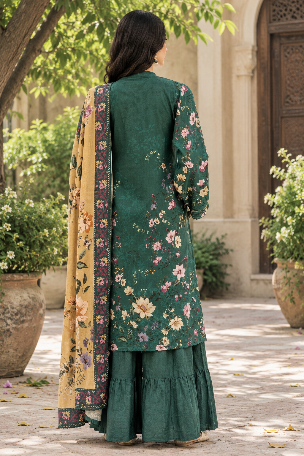 Bottle green pastel floral print on unstitched viscose suit for women