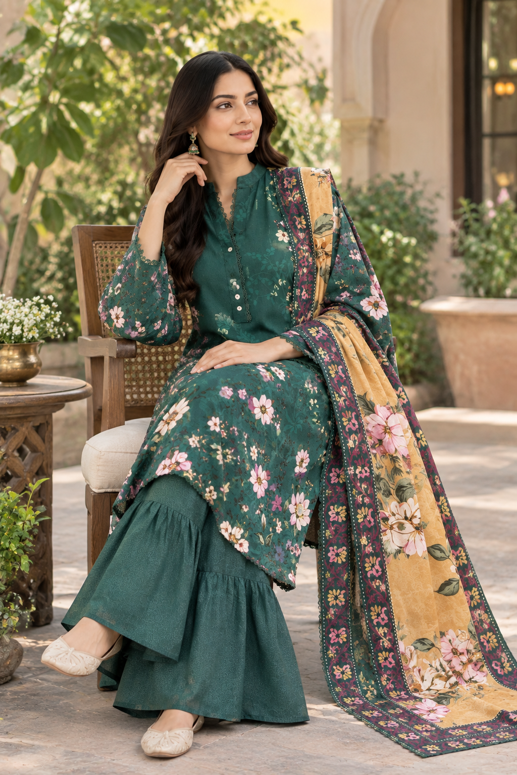 Women's bottle green unstitched viscose suit with lace-detailed placket